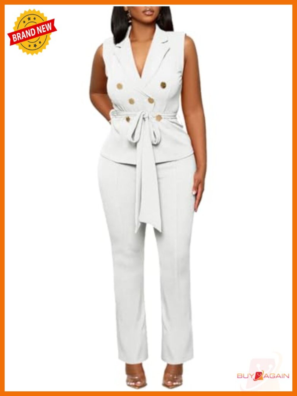 2 Piece Sleeveless Vest with Belt Wide Leg Pants Suit Set Blazer Outfit